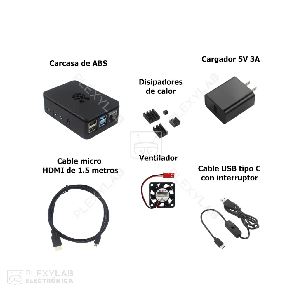 Kit de accesorios para Raspberry Pi 4B, incluye fuente genérica de 5V 3A, carcasa ABS, cable uHDMI 1.5m, ventilador y 4 disipadores de calor