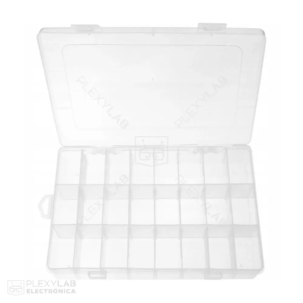 Caja plástica, organizador de 24 compartimentos, para almacenamiento de componentes, dimensiones 195x130x36 mm