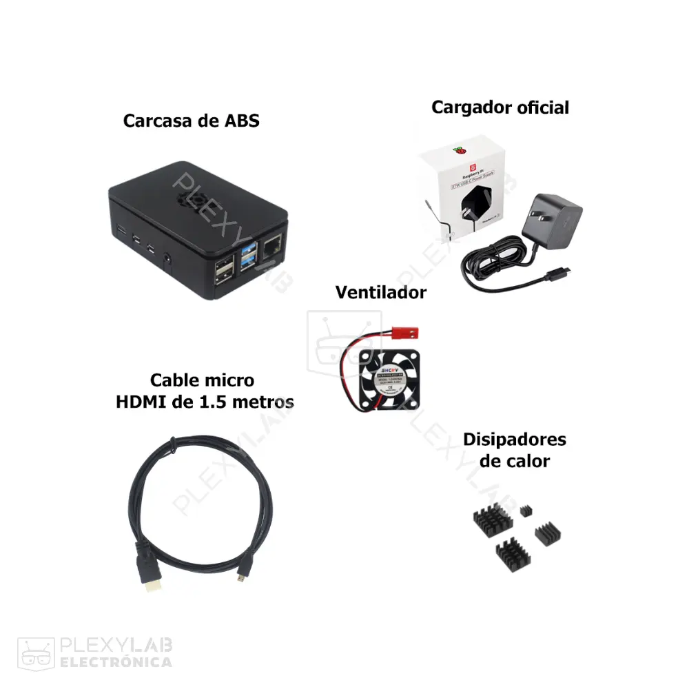 Kit de accesorios para Raspberry Pi 4B, incluye fuente original de 5.1V 3A, carcasa ABS, cable micro HDMI 4K de 1.5m, ventilador y 4 disipadores de calor