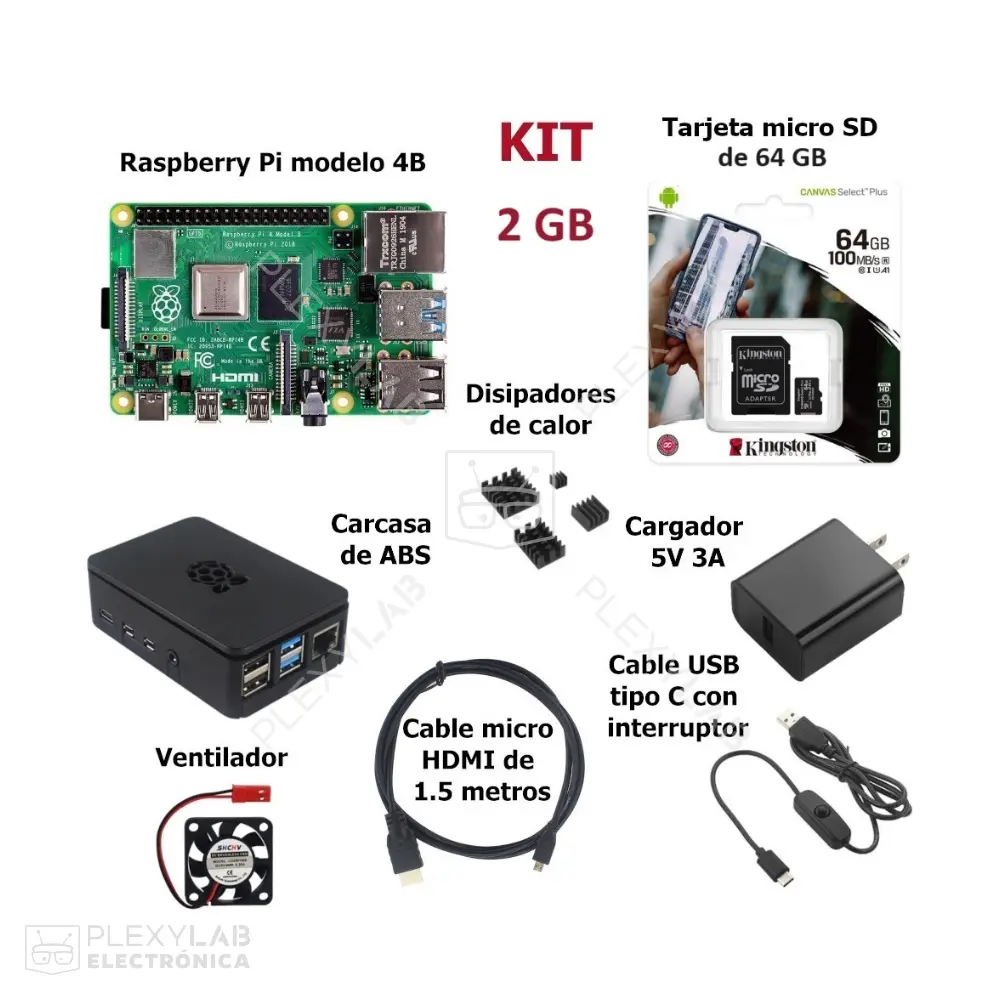 Kit Raspberry Pi 4B, incluye RPi, micro SD 64 GB, carcasa, fuente genérica, cable uHDMI, ventilador y 4 disipadores