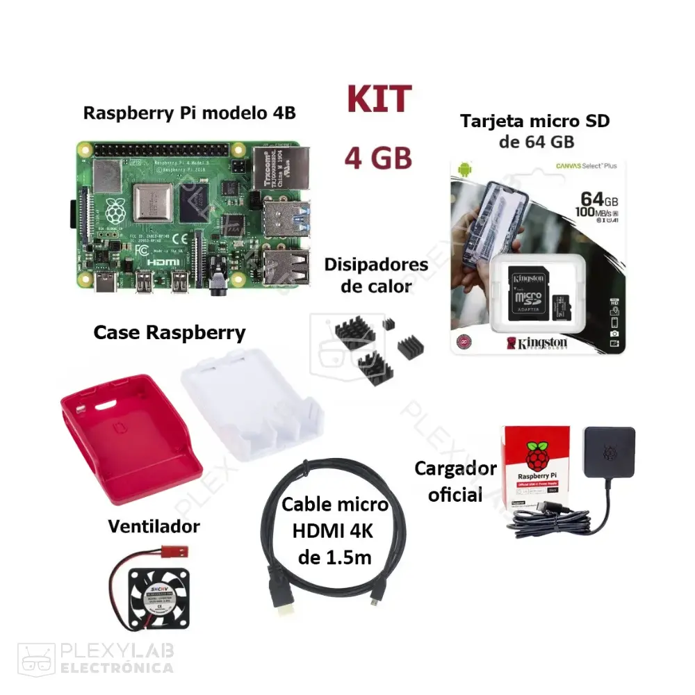 Kit Raspberry Pi 4B, incluye RPi, micro SD 64 GB, carcasa, cable uHDMI 4K, fuente oficial, ventilador y 4 disipadores